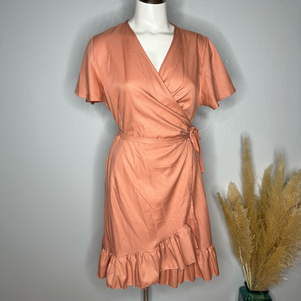 Naggoo Pink  Peach Wrap Dress w/ Flutter Sleeve Super Flirty & Cute Sz XL